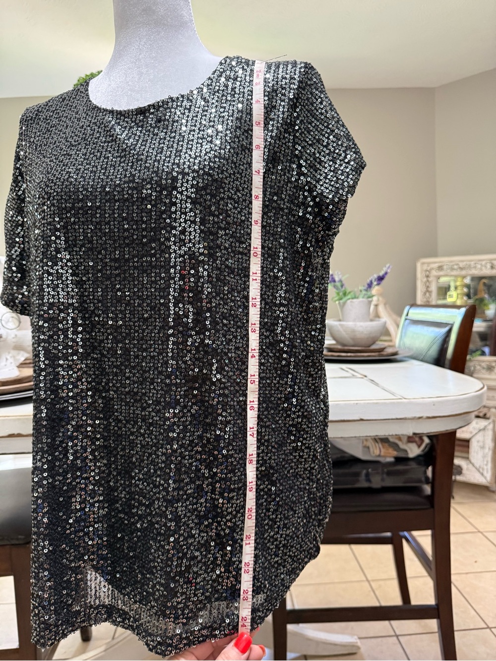 Sequin Short Sleeve Blouse — Black - Picture 6 of 7
